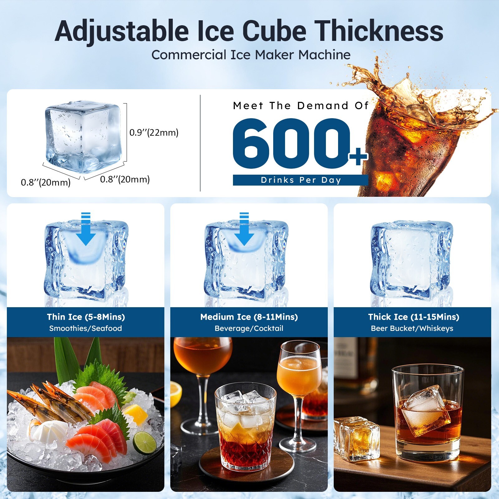 Commercial Ice Maker Machine | 100LBS/24H Output, 3 Adjustable Thickness & 33LBS