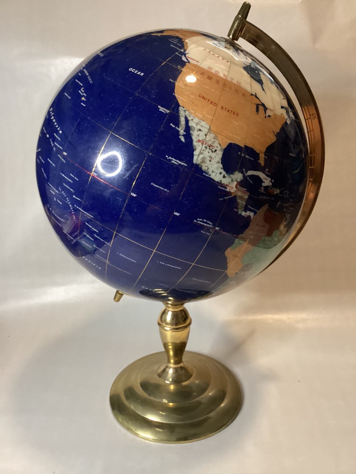 Beautiful Large 22" Tall Blue Lapis Gemstone World Globe On Polished Brass Stand