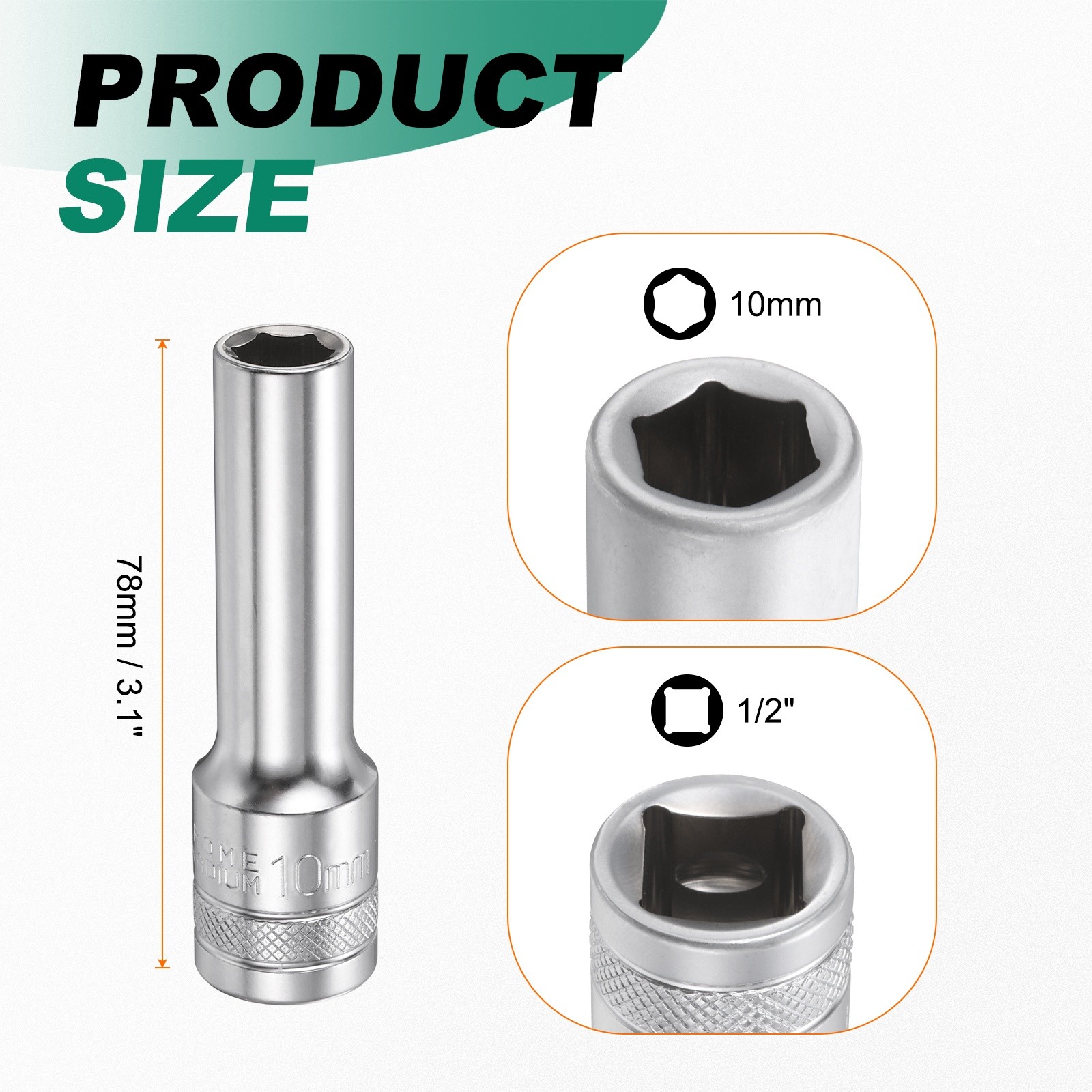 2pcs 6 Points Deep Socket 1/2" Drive 10mm Nickel Plating Hex Socket 3.1" Long