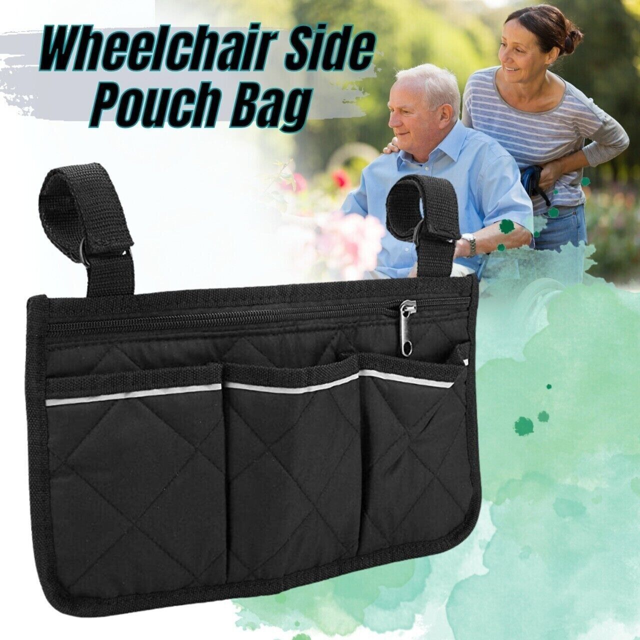 Wheelchair Side Pouch Storage Bag Rollator Pocket Organizer with Cup Holder