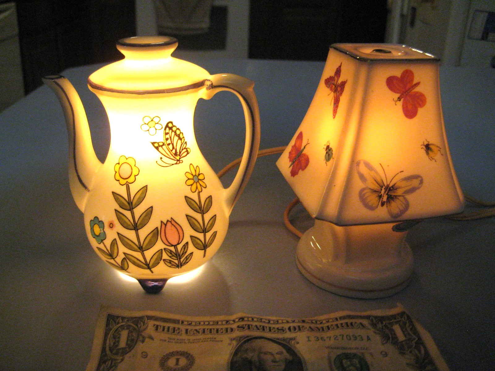 2- vntg Porcelain Night Lights Perfume Lamps Japan Butterfly Ladybug  I.W. Rice