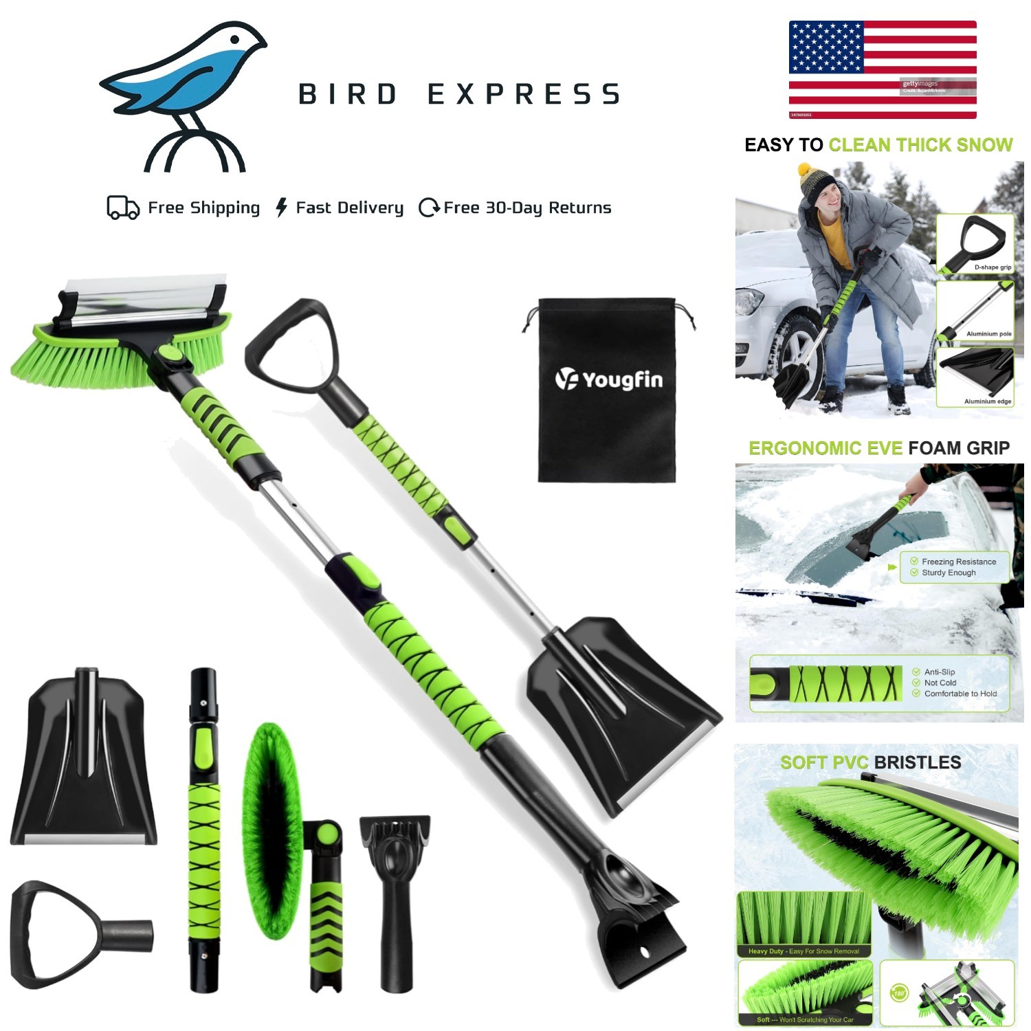 4-in-1 Snow Brush Ice Scraper Snow Shovel with Squeegee Extendable Handle 43in