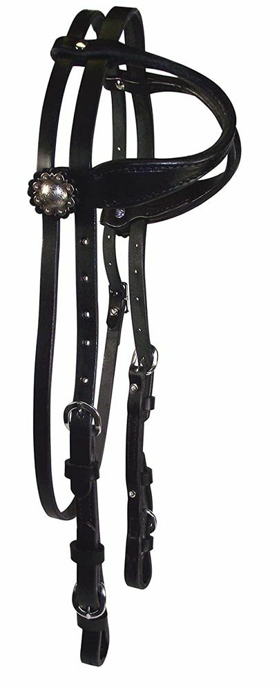NEW Horse Headstall 5/8 Inch Leather Sliding Double Ear w Antiqued Conchos BLACK