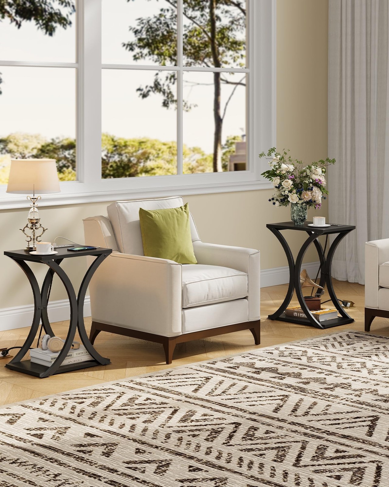 Small Round Side Table and End Table with Charging Station Bundle, Drink Tabl...