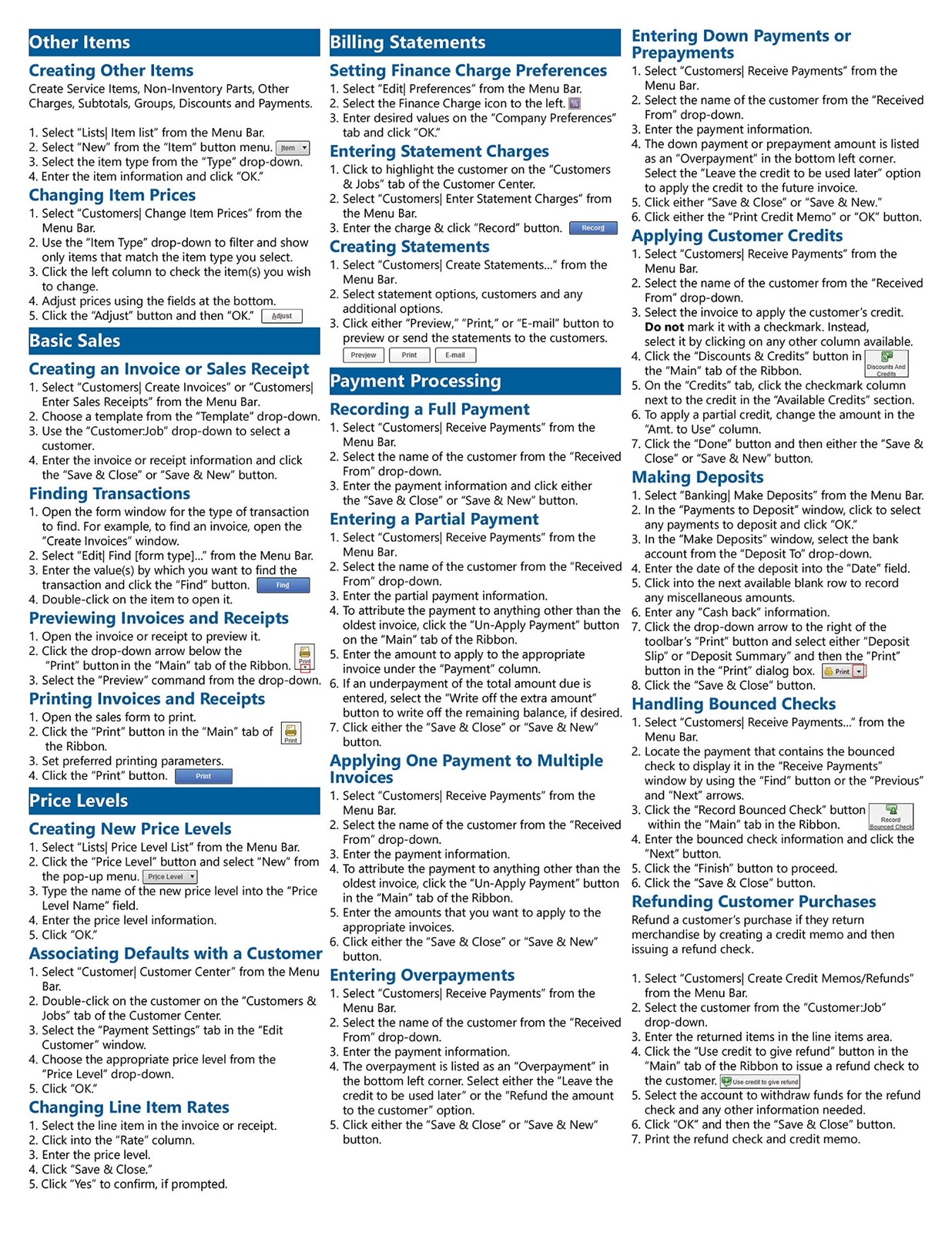QuickBooks Pro 2018 Training Guide Quick Reference Card 4 Page Cheat Sheet