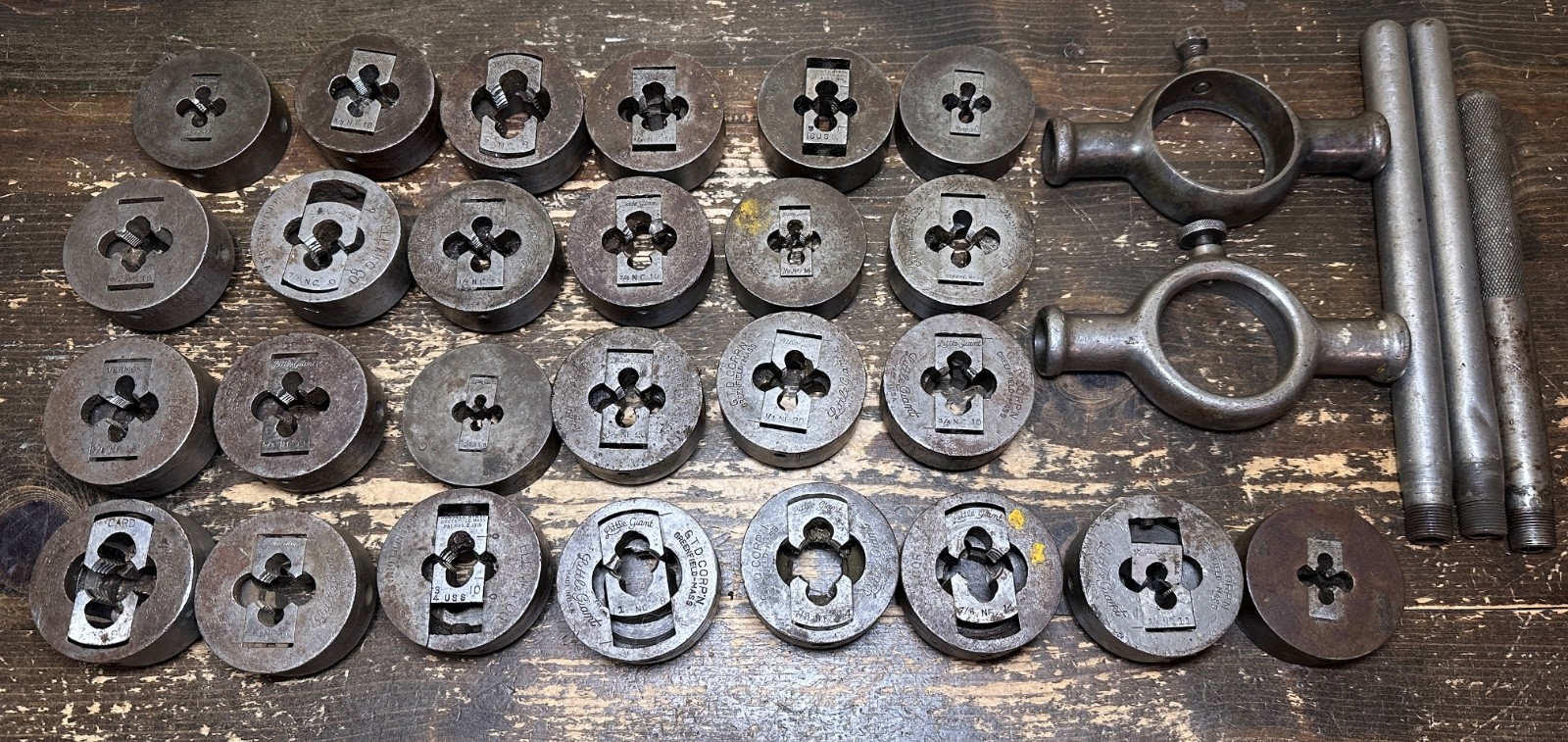 Vintage GTD Little Giant Adjustable Round Threading Dies Lot w/ Die Stocks USA