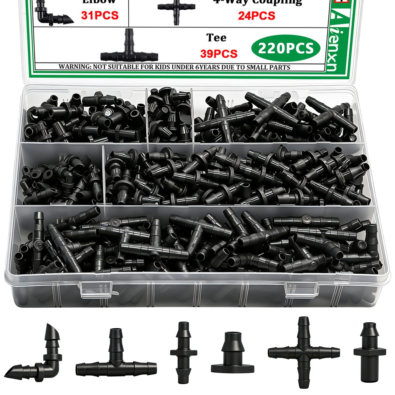 220PCS 1/4" Drip Irrigation Kit 220PCS- Barbed Connectors, Black