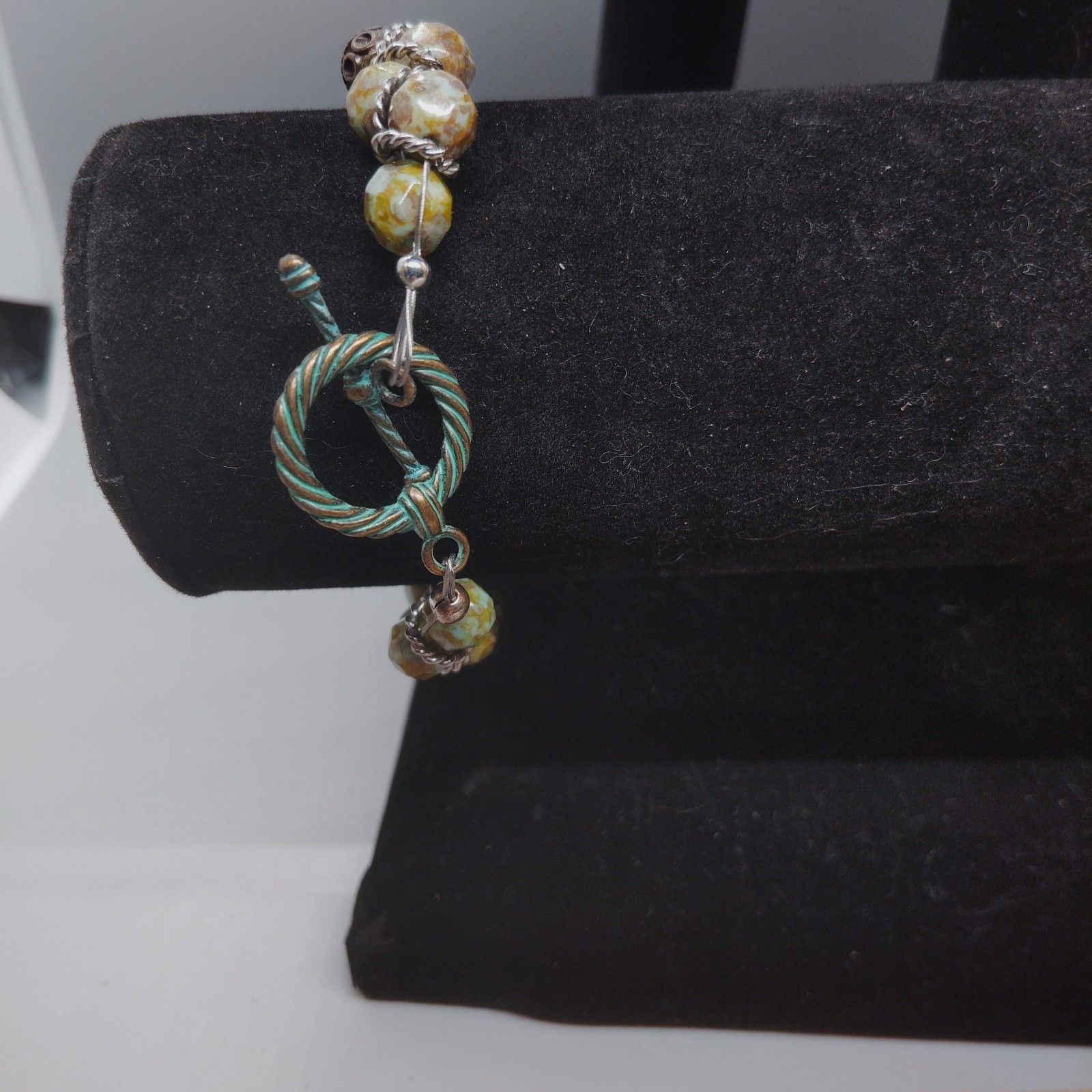 Handcrafted Bracelet Green & Brown Beads,Silver Rings Ring/Bar Clasp 7.5"