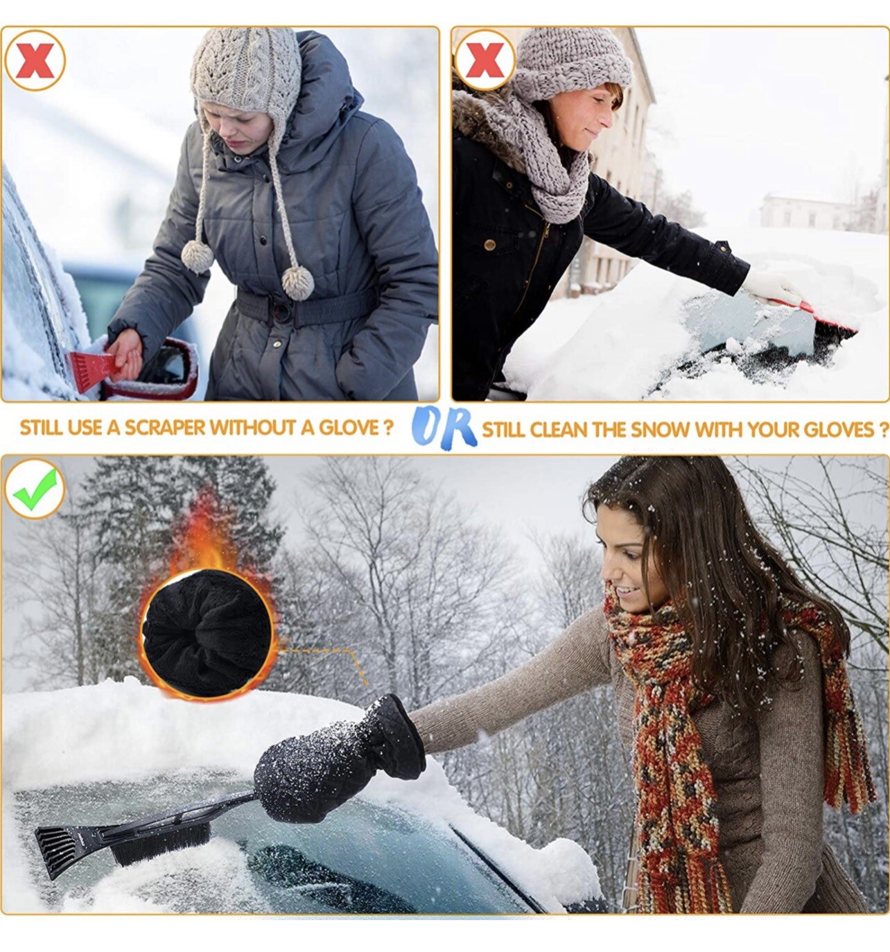 2 Pack Ice Scraper Mitt Car Windshield Brush Snow Remover Christmas Gift