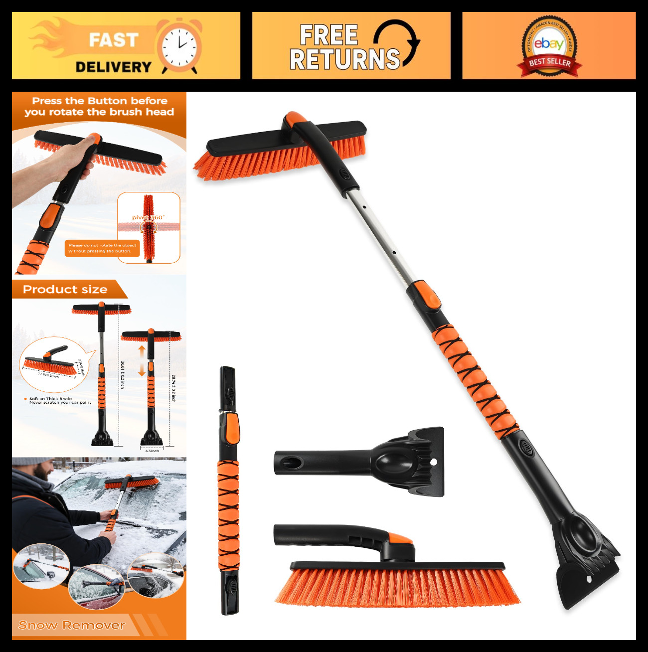 41" Extendable Ice Scraper & Snow Brush for Windshield, Foam Grip, 360° Pivot He
