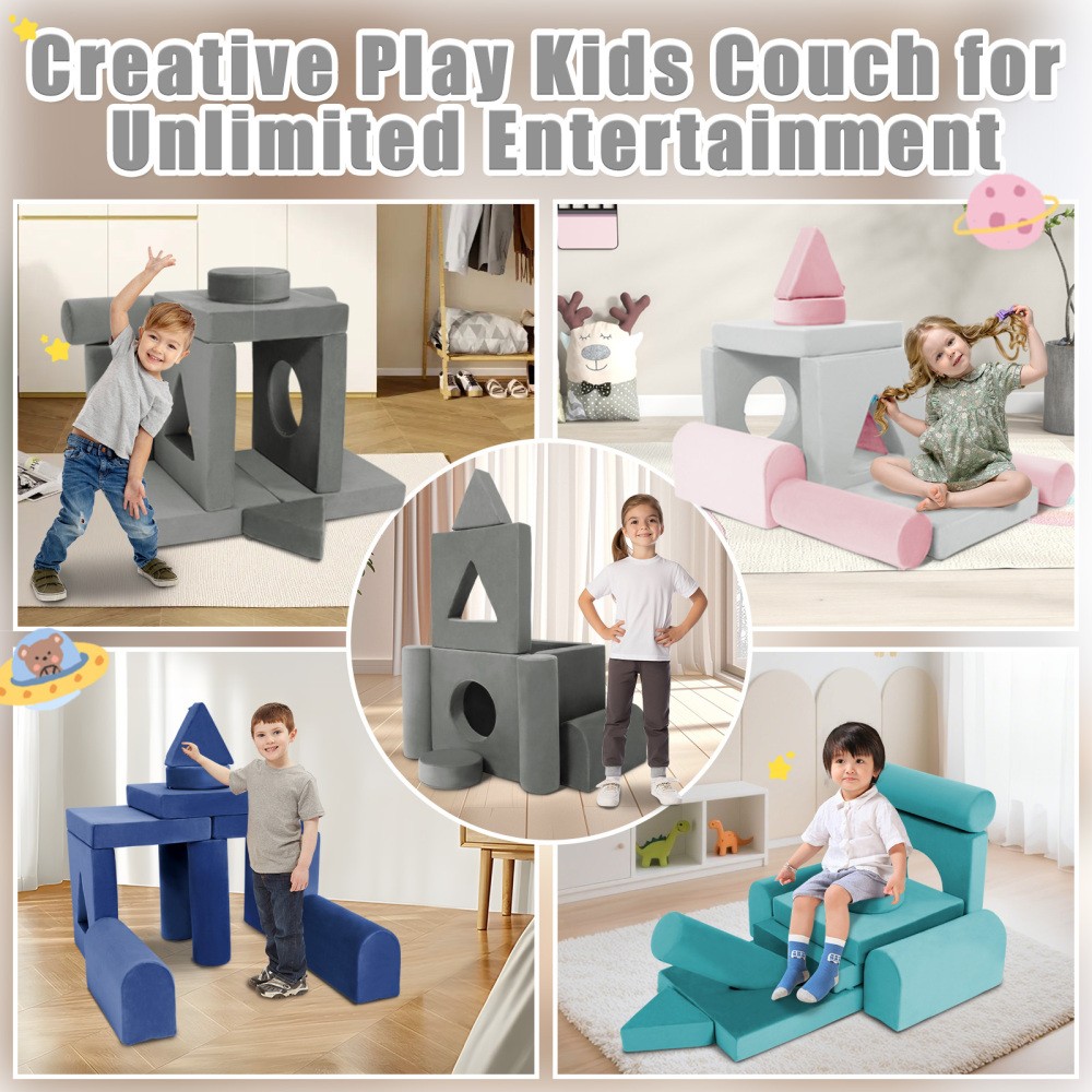 11PCS Modular Toddler Play Couch Sofa Fort Playhouse, Pink+Grey, Washable Covers
