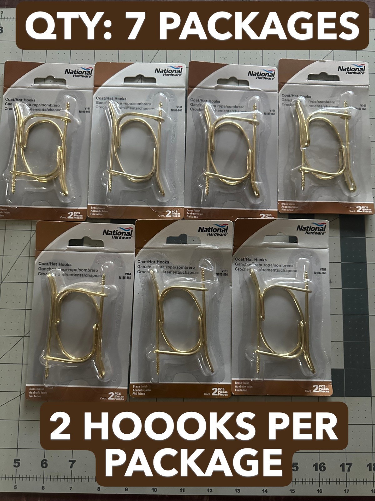 7-PACK LOT National Hardware N186-866 Coat Hat Hooks polished Brass Gold finish