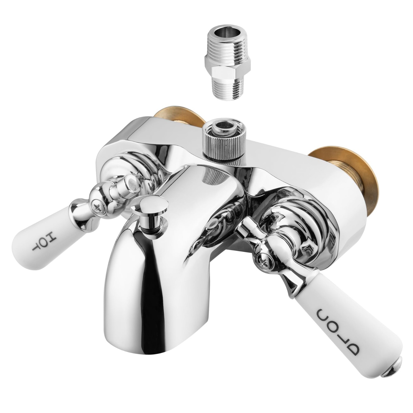 Clawfoot Tub Shower Diverter Attachment, Porcelain Handles, Chrome, ¾" Inlet