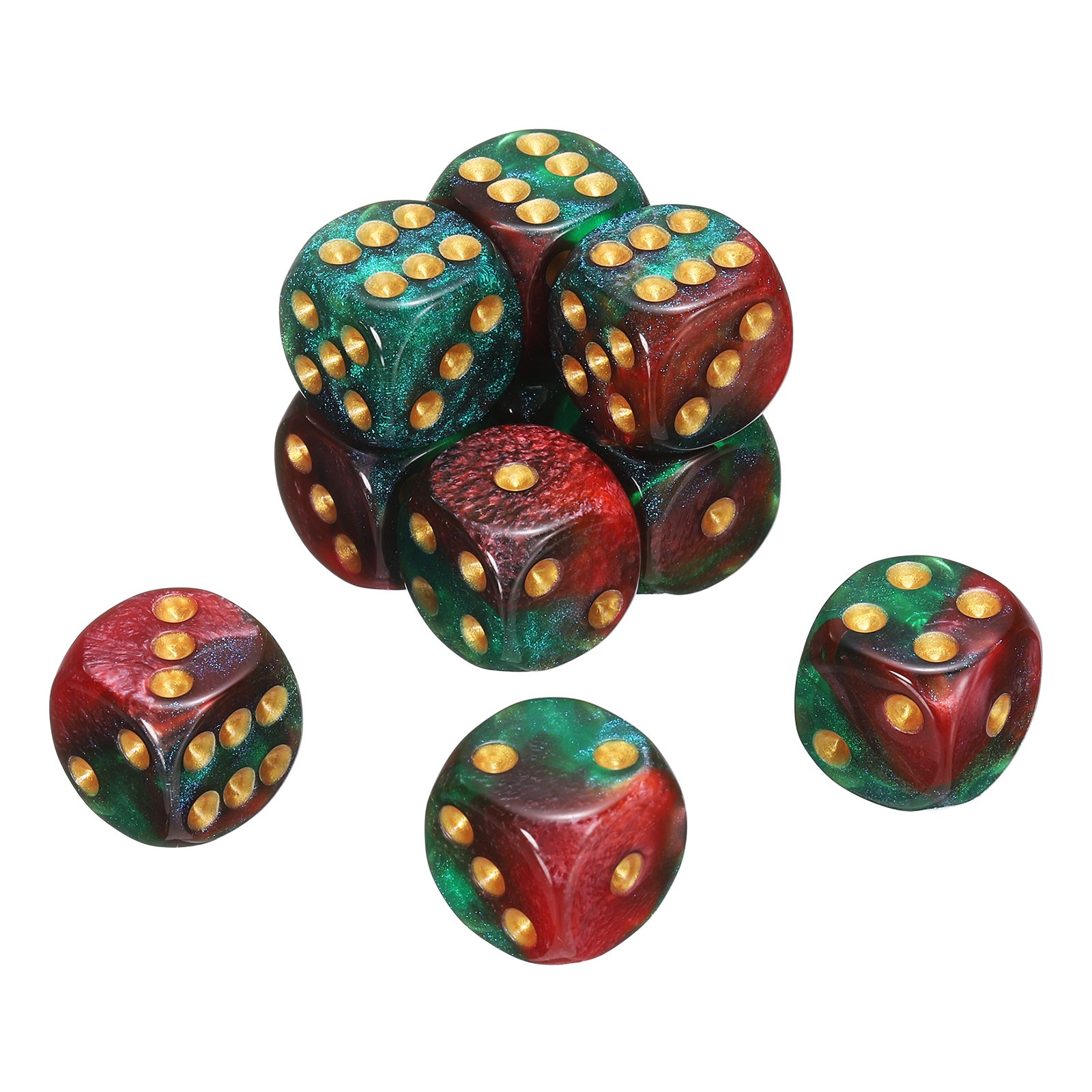 10Pcs 6 Sided Standard Dice, Acrylic D6 Pearl Pattern Dice (Green and Red)