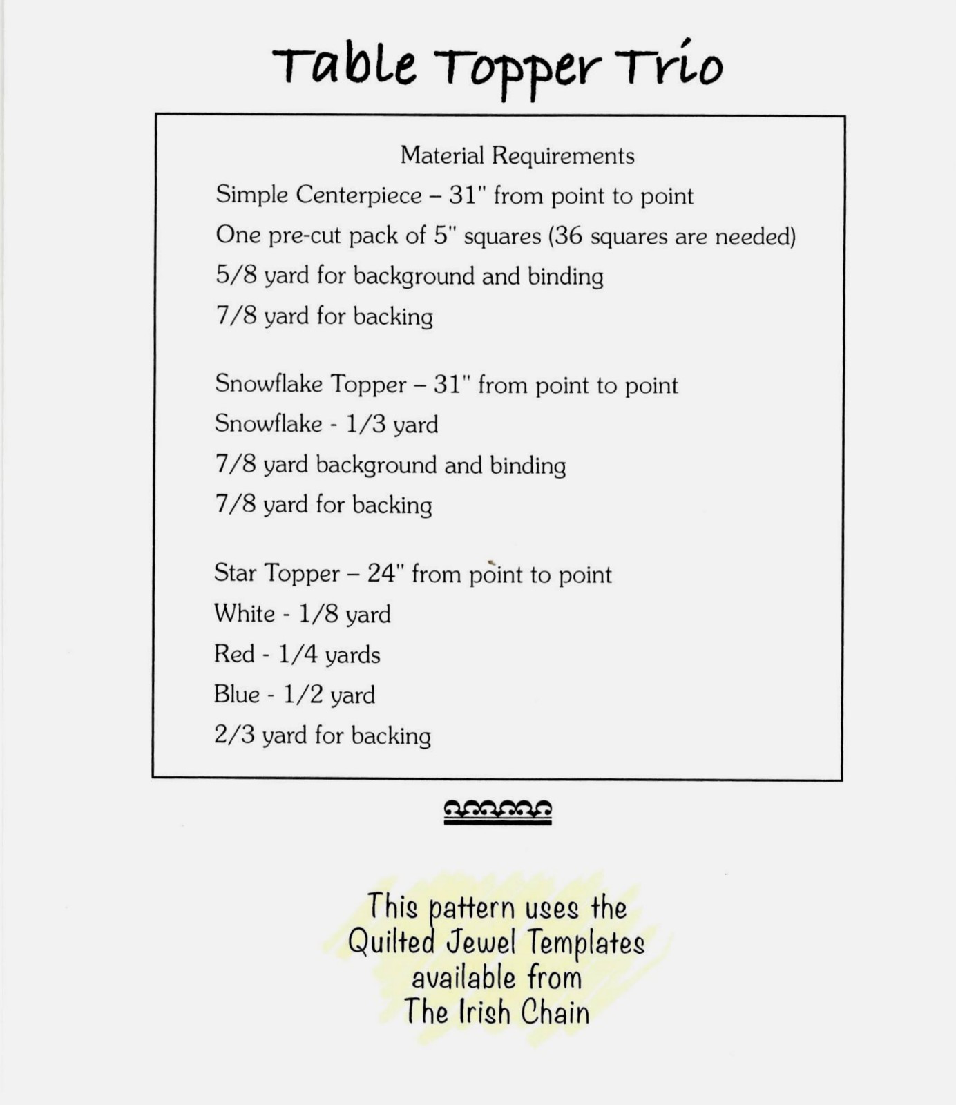 Table Topper Trio Quilt Pattern by Irish Chain QJ8