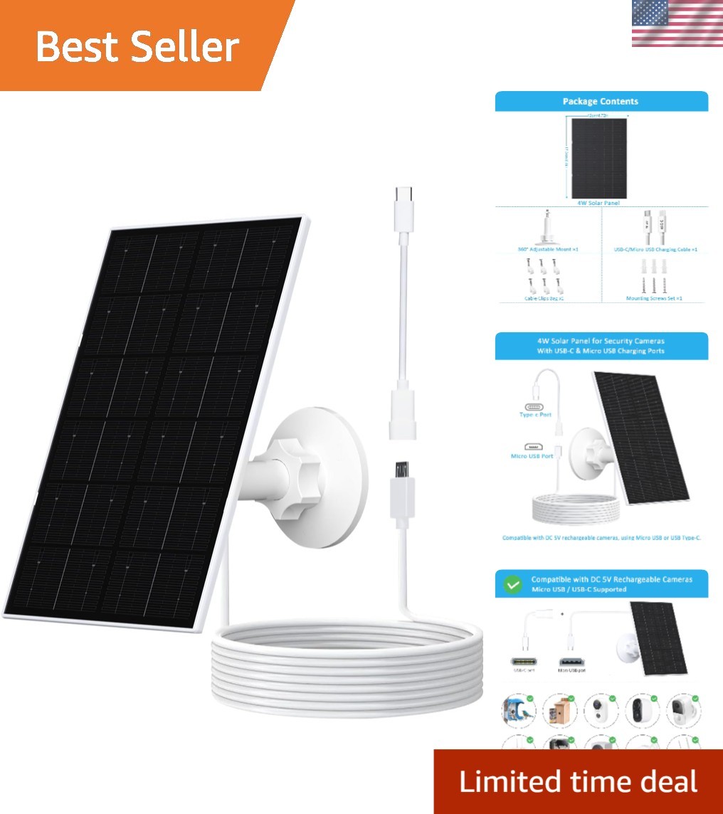 USB Solar Panel with 9.8FT Cable - Compatible & Adjustable for Security Cameras