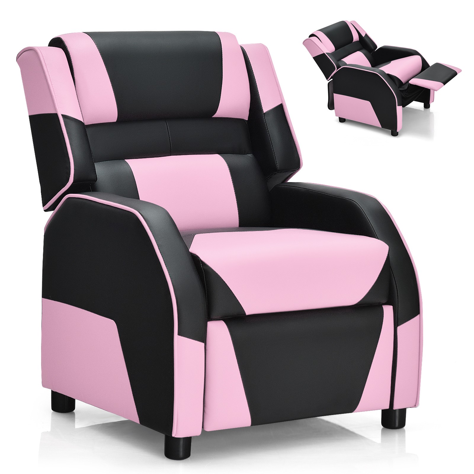 Gaming Recliner Sofa PU Leather Armchair for Kids Youth w/ Footrest Pink