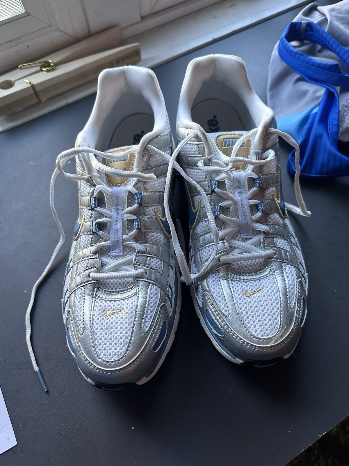 Nike P-6000 Men's Athletic Sneakers White Silver Blue Mesh Synthetic Breathable