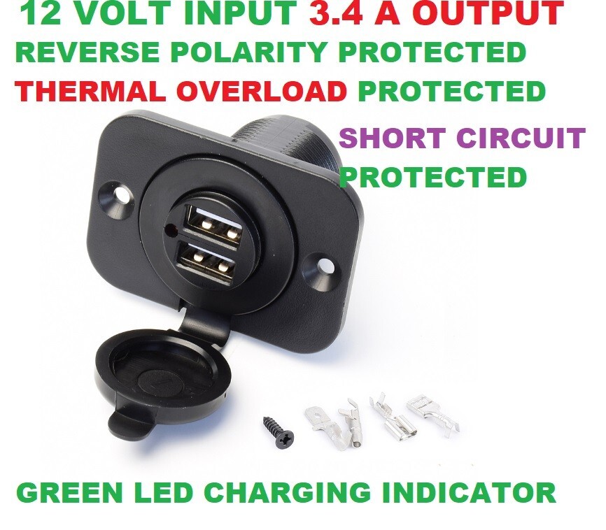 DUAL USB CHARGER PORT 12V INPUT 3.4AMPS OUTPUT- WATER + DUSTPROOF CAP