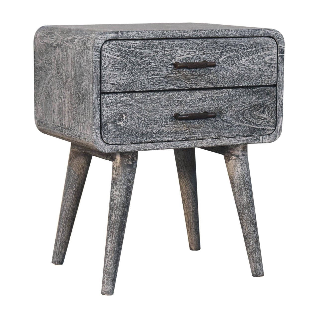 Solid Wood Sandblasted Ash Curved Bedside, 2-Drawers, Gray,Solid mango wood
