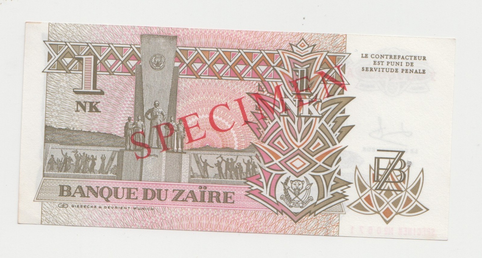 SPECIMEN, Zaire, 1 NZ 1993, Banknote UNC