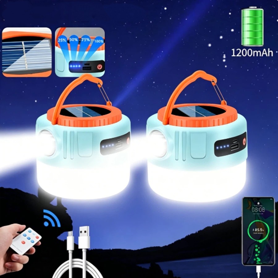 2PCS Solar Portable Rechargeable Camping Lantern Flashlight Lamp USB Power Bank