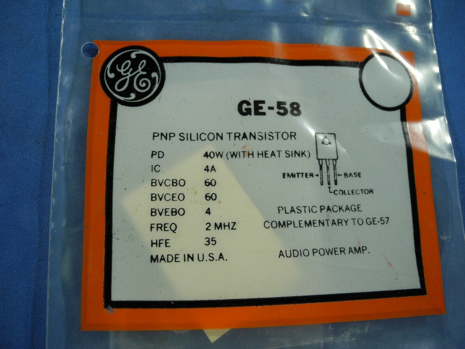GE-58 General Electric PNP Silicon Si Transistor - NOS Qty 1 (FREE & FAST SHIP!)