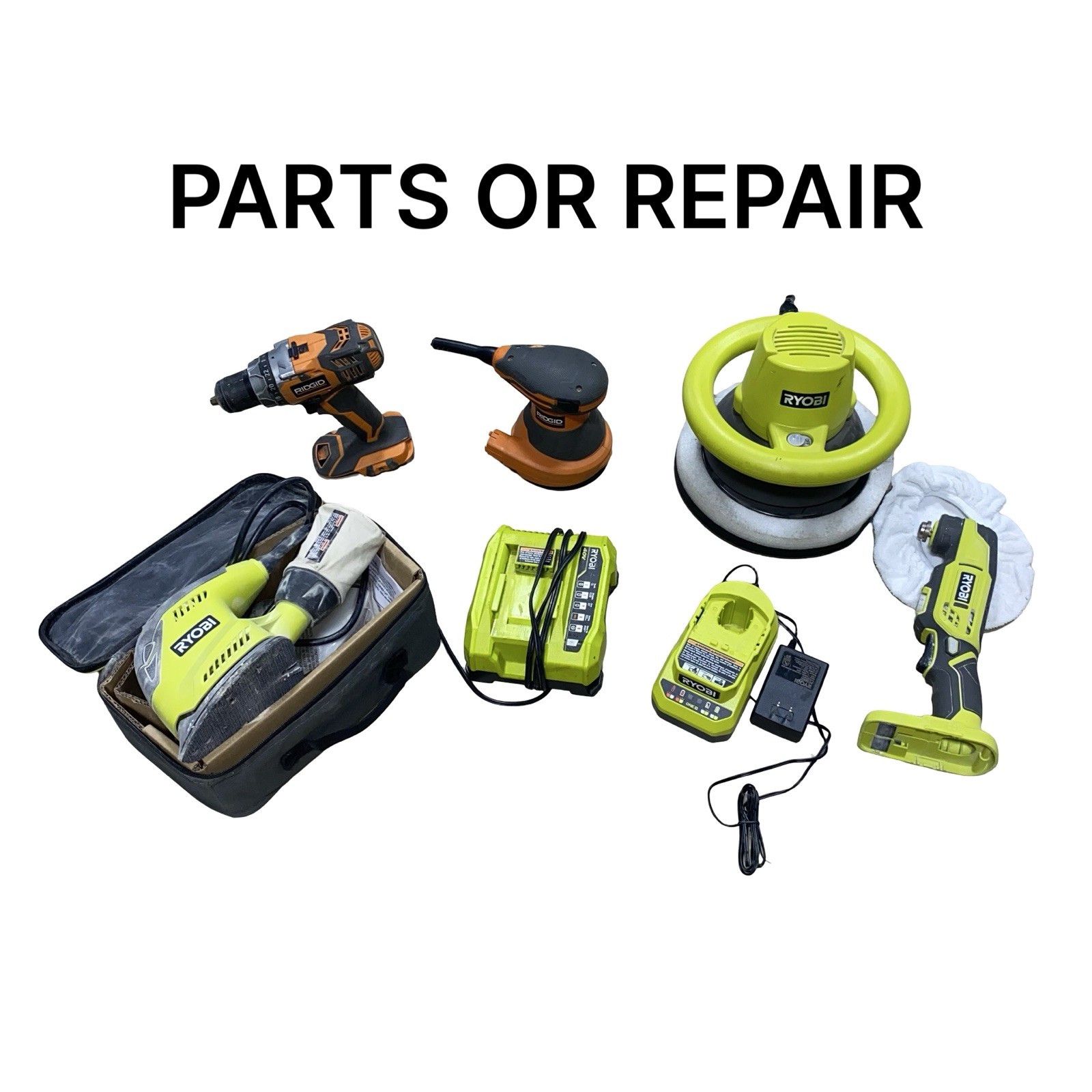 RYOBI Ridgid Power Tool Lot PARTS OR REPAIR Sander Buffer Drill Multi tool Charg