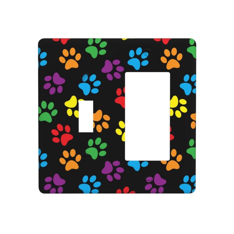 Colorful Dog Paws on Black Home Wall Plate Decor Light Switch Plates and Outlets