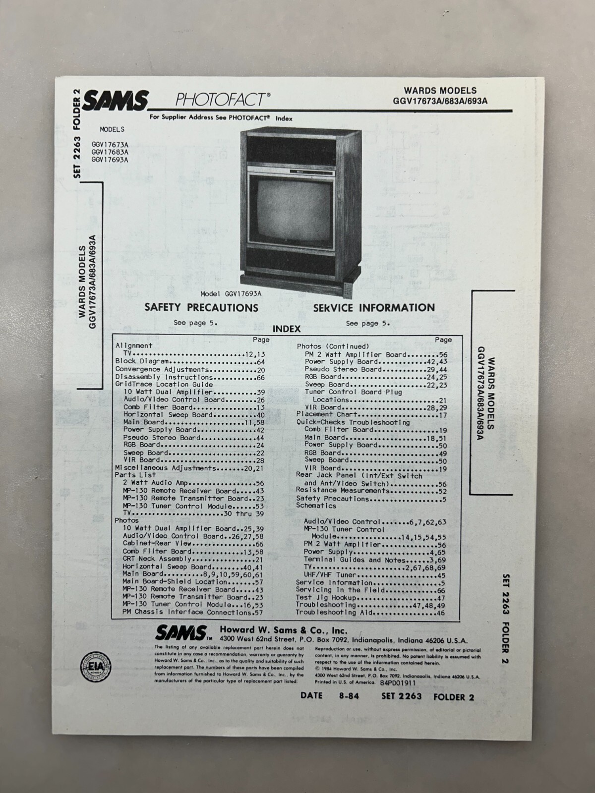Wards GGV17673A 683A 693A  Service Manual Sams Photofact Free Shipping