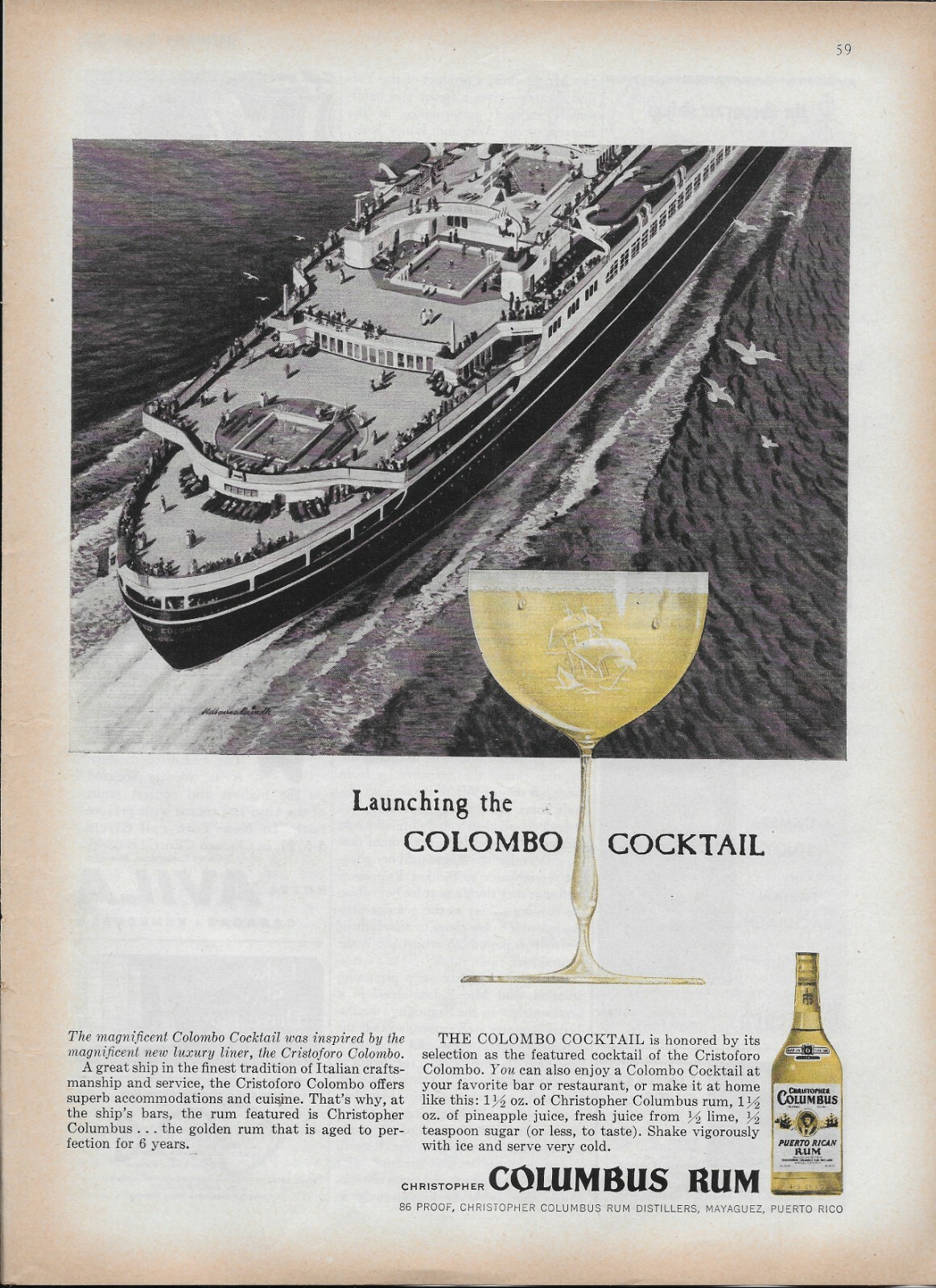 1955 Christopher Columbus Rum Cocktail Cruise Illustration Original Print Ad