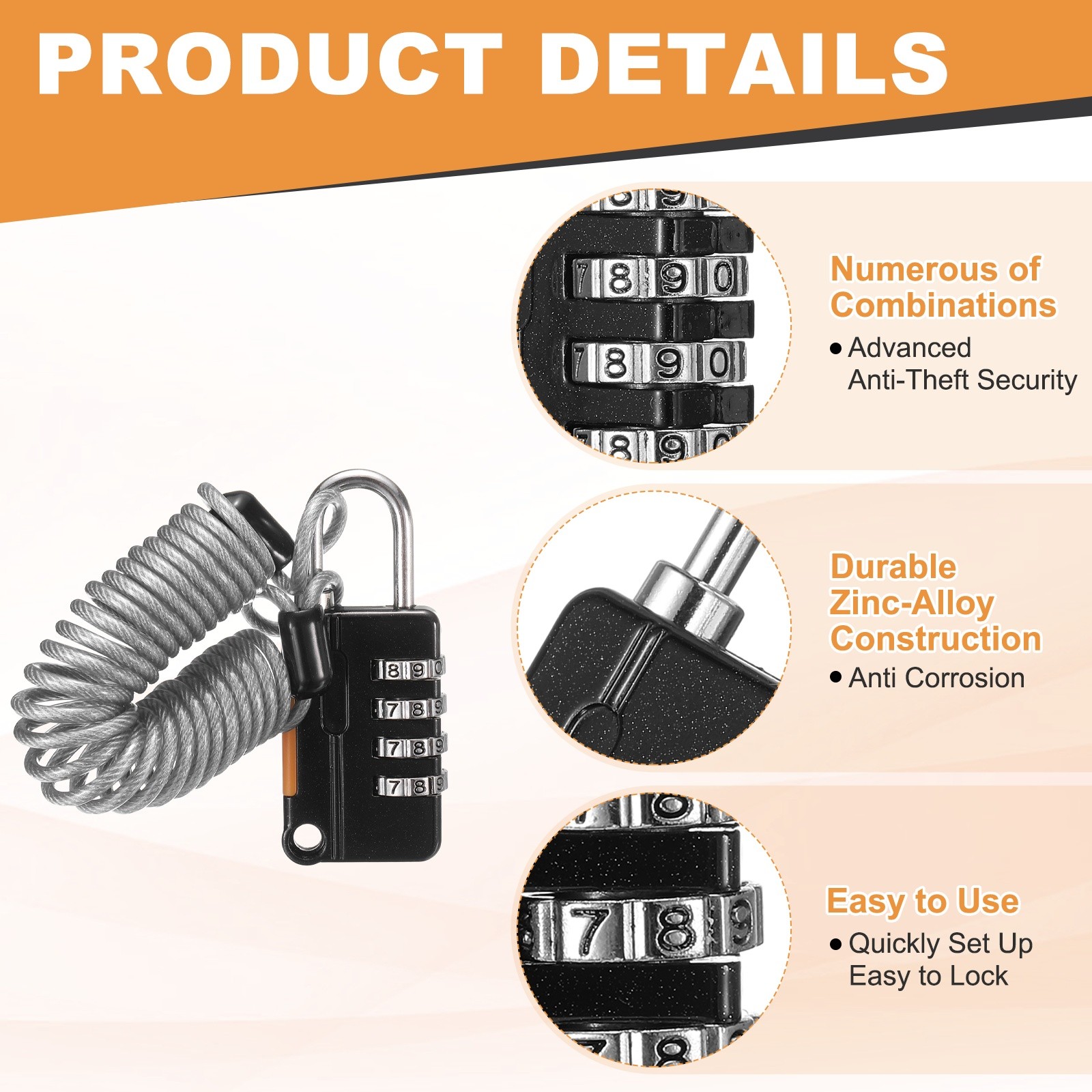 Luggage Lock, 4 Digit Combination Padlock with Flexible Silver Cable (130cm)