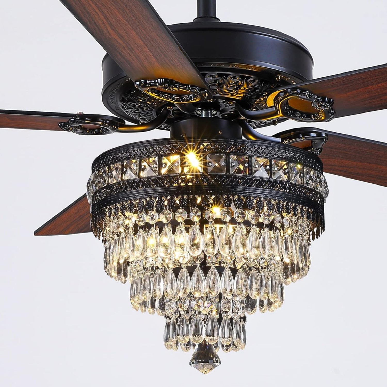 50" Crystal Ceiling Fan Fandelier with Lights - Modern Black Chandelier Fans ...