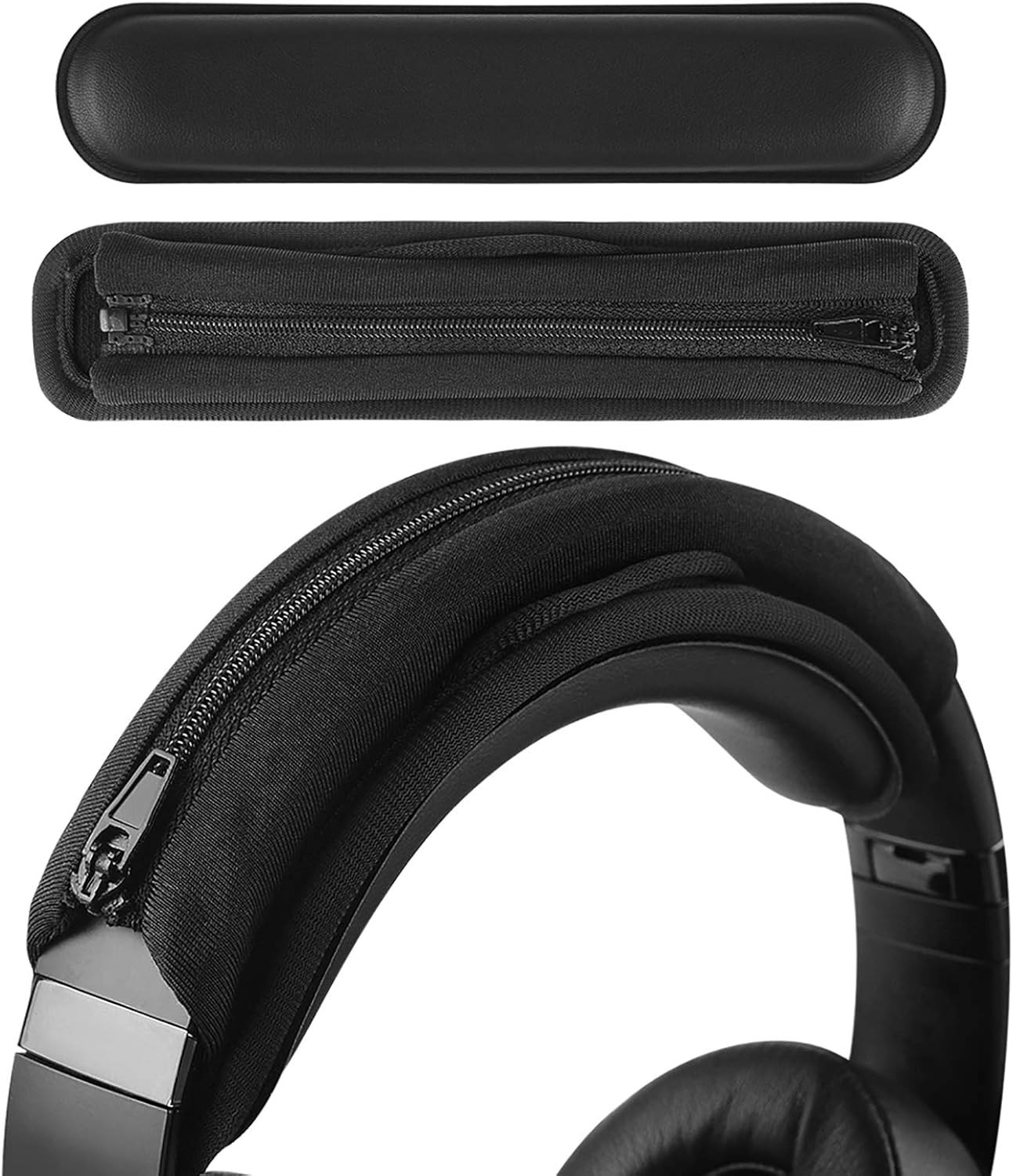 Headphone Headband Cover & Pad Set with Zipper for Medium Headphones, Black