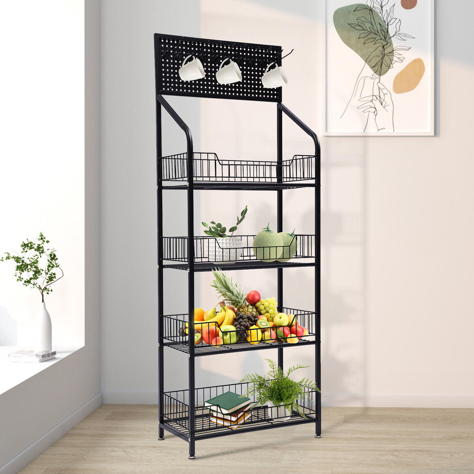 4-Tier Metal Baker's Rack With Locking Wheels, Wine Rack & 5 Hooks