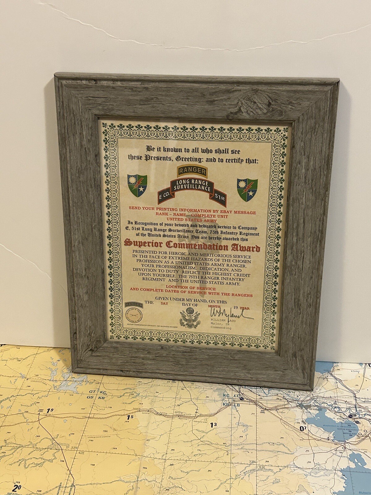 U.S. ARMY - 75TH RANGER / E CO 51 LRSD - SUPERIOR COMMENDATION AWARD CERTIFICATE