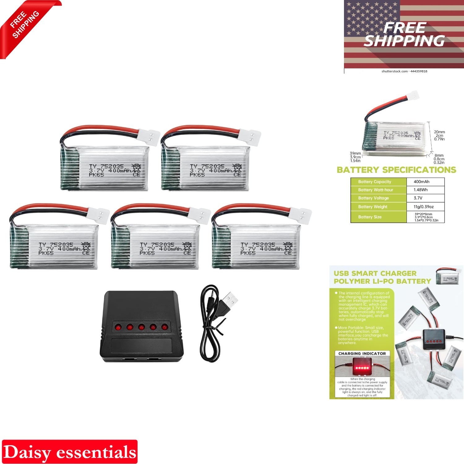 5PCS 3.7V 400mAh Lithium Battery with 5-in-1 Charger for SYMA H99W H31 H6C H9...