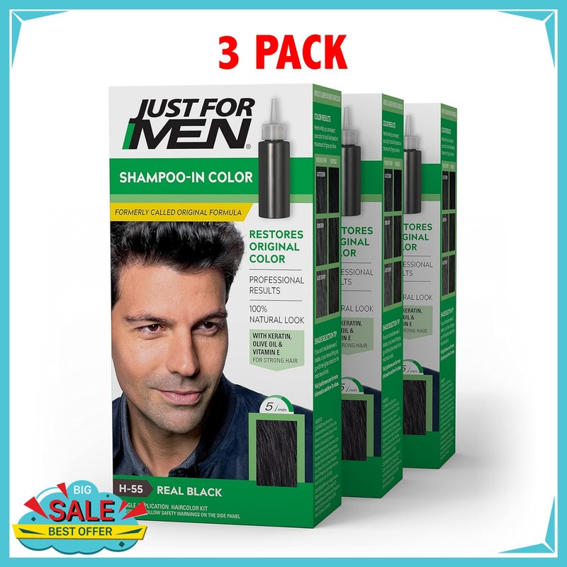Just for Men H-55 REAL BLACK Hair color Shampoo In ( 3 pack ) green