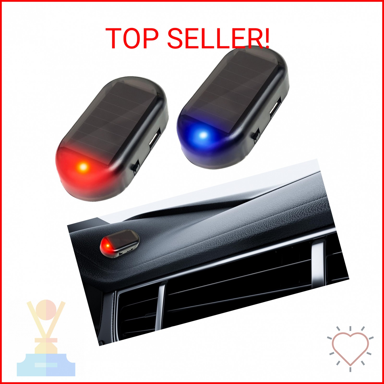 Augeny 2PCS Car Solar Power Simulated Dummy Alarm, Anti-Theft LED Flashing Secur
