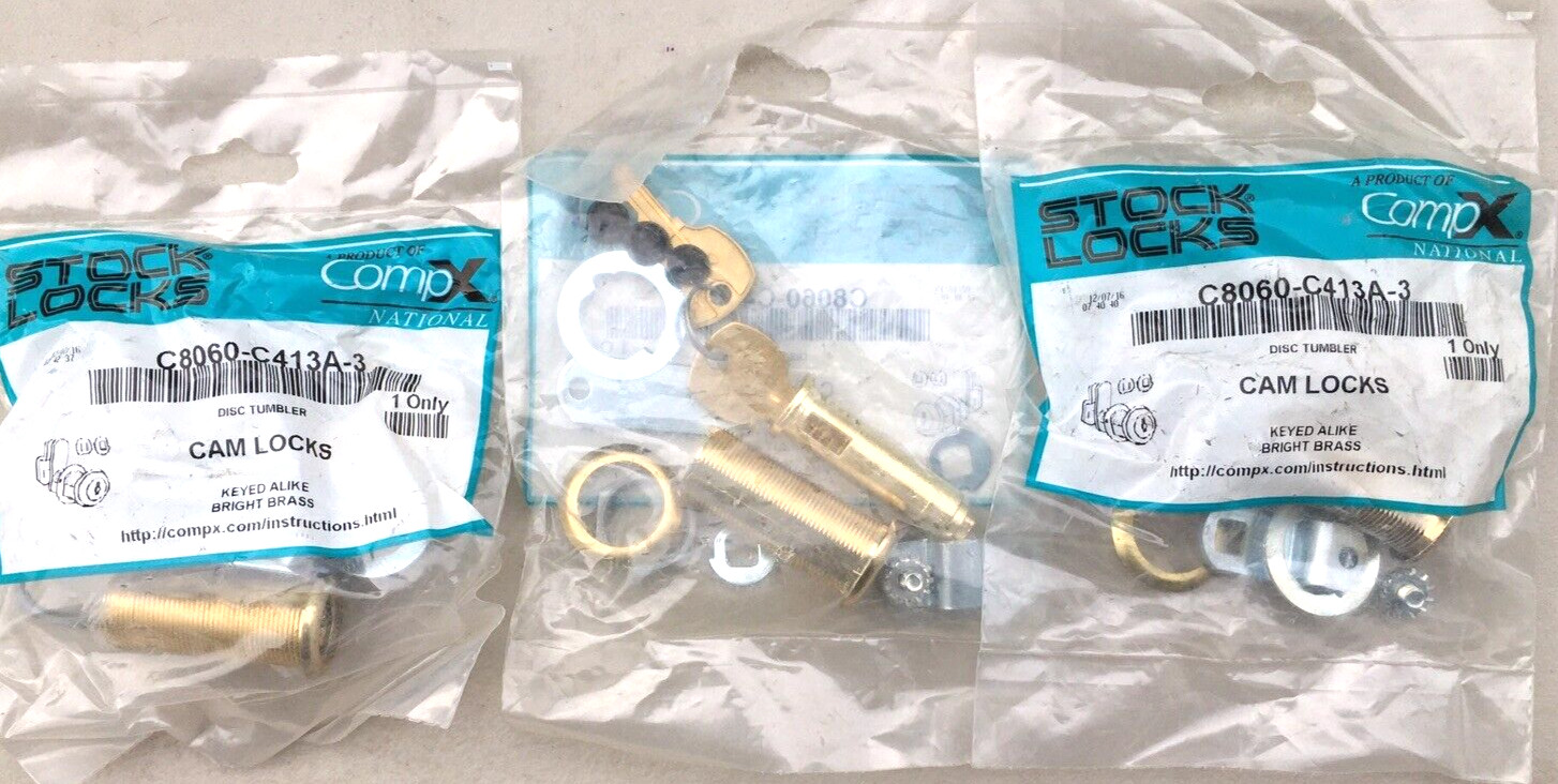 (3) CompX C8060-C413A  Cam Lock 1 3/4" Keyed Alike  Bright Brass USA MADE