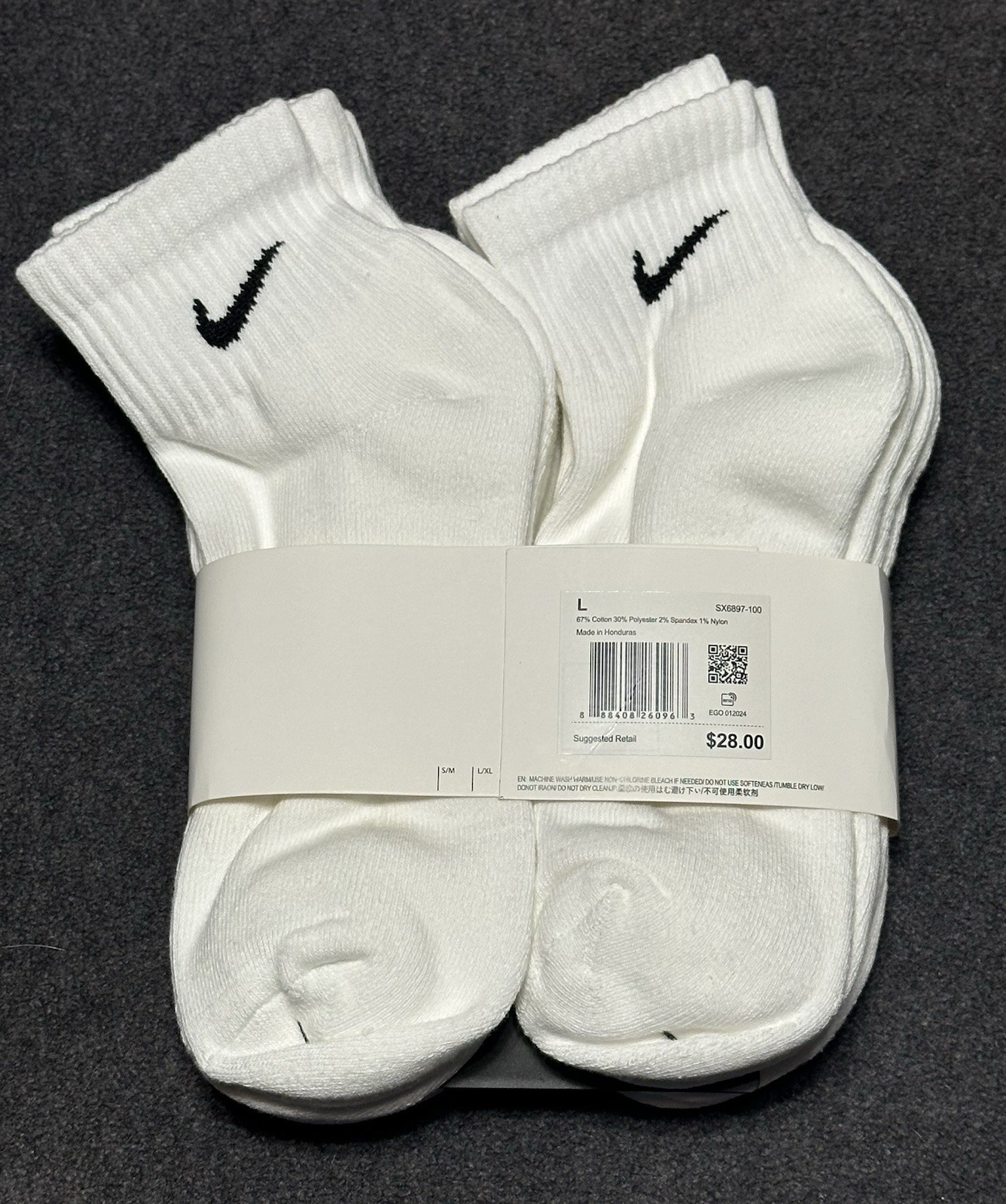 Nike Dri-Fit Everyday Plus Ankle Socks-Size Large White (6 Pack)