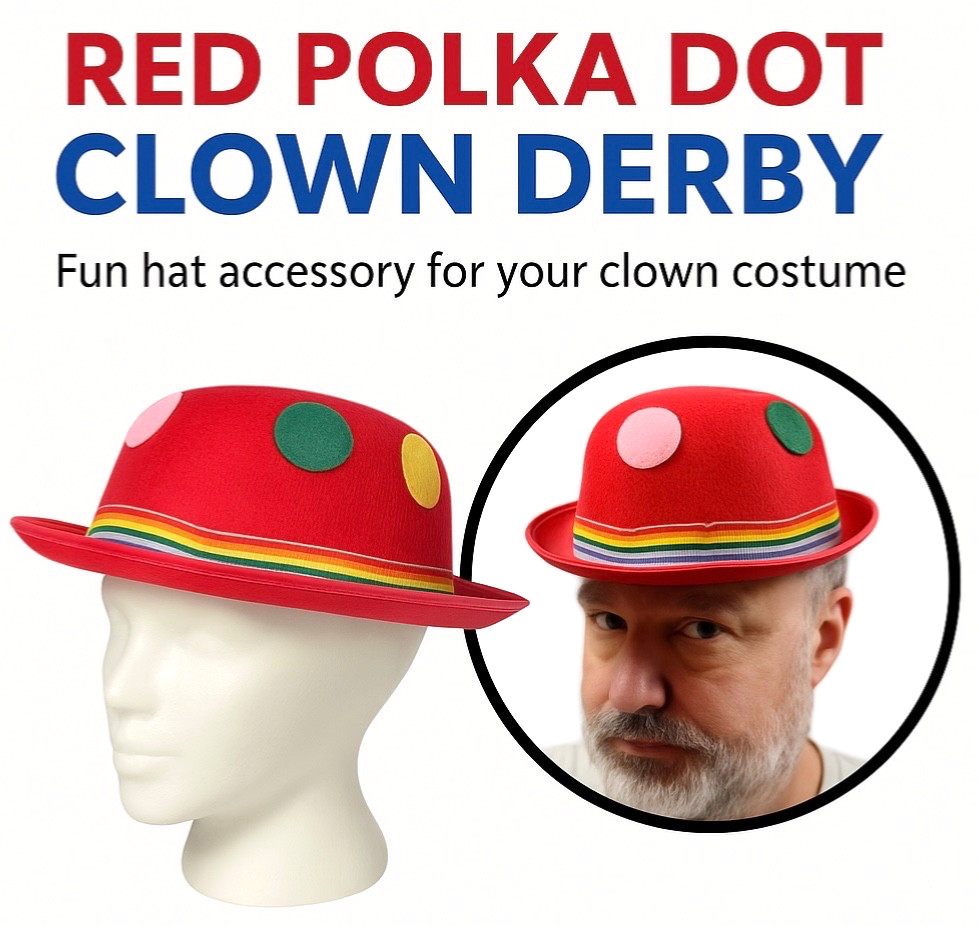 RED CLOWN POLKA DOT DERBY HAT Costume Cap Stiff Felt Funny Adult Bowler Colors