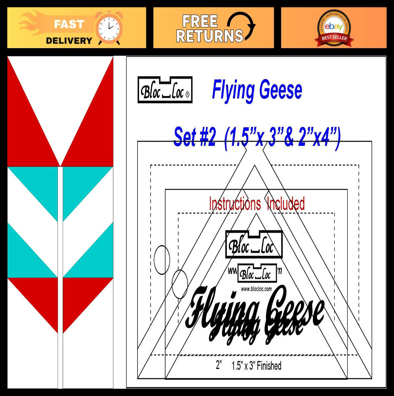 Flying Geese Quilting Ruler Set #2 - 1.5"x3" & 2"x4" Templates for Quilters