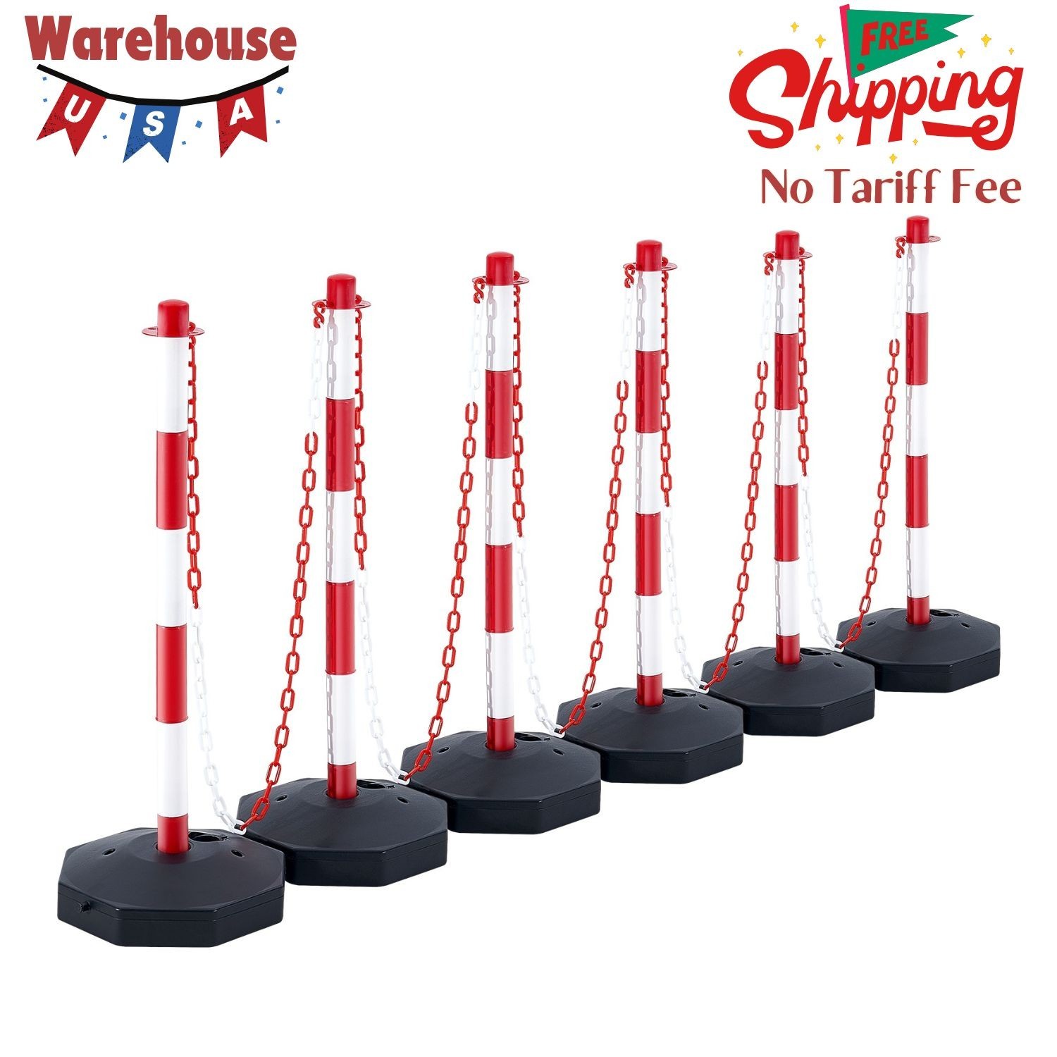 6PCs Traffic Delineator Post Cones with Fillable Base 6.6 FT Chain