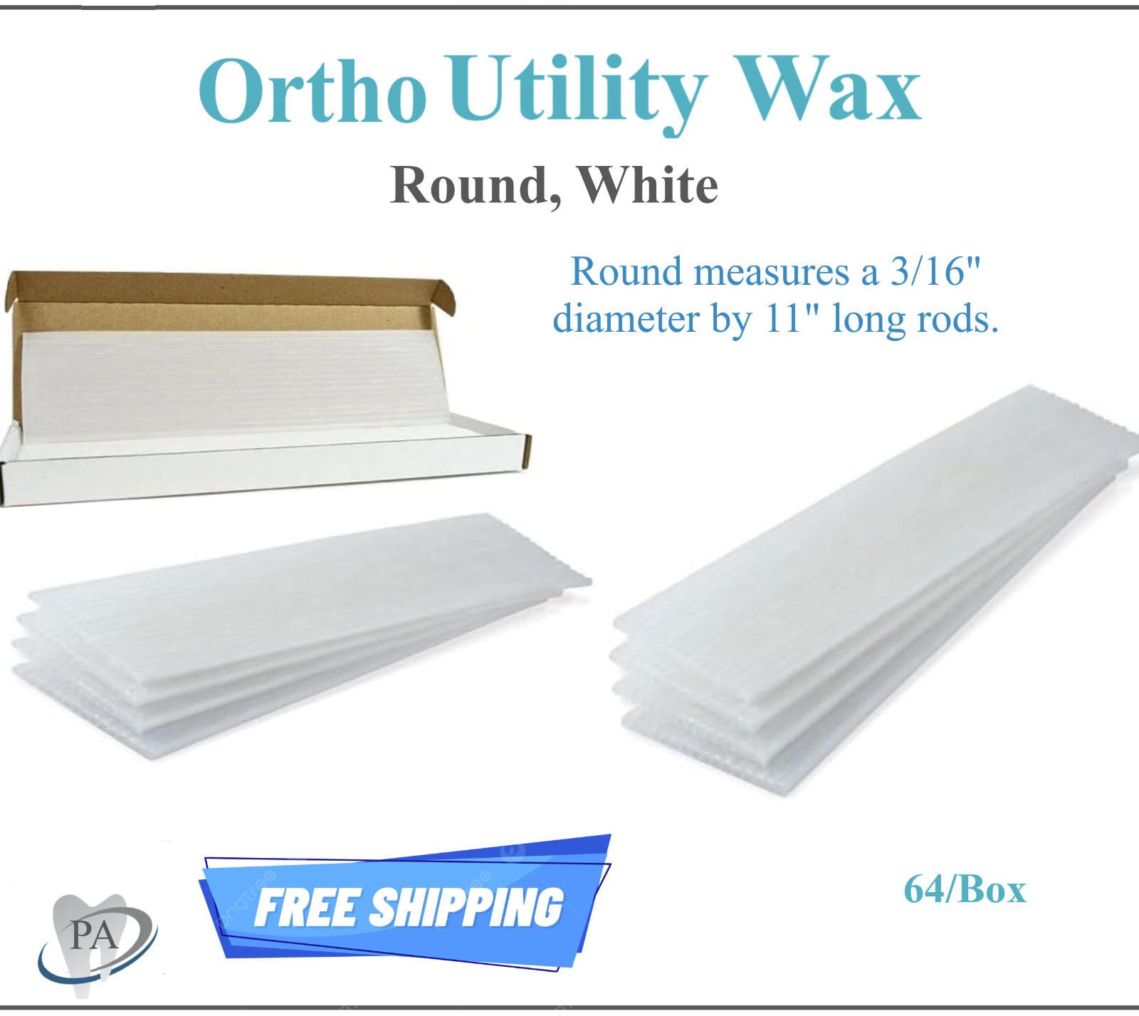 Dental LAB Ortho Utility Wax Round, White 3/16" x 11" Strips, Pliable, 64/Bx
