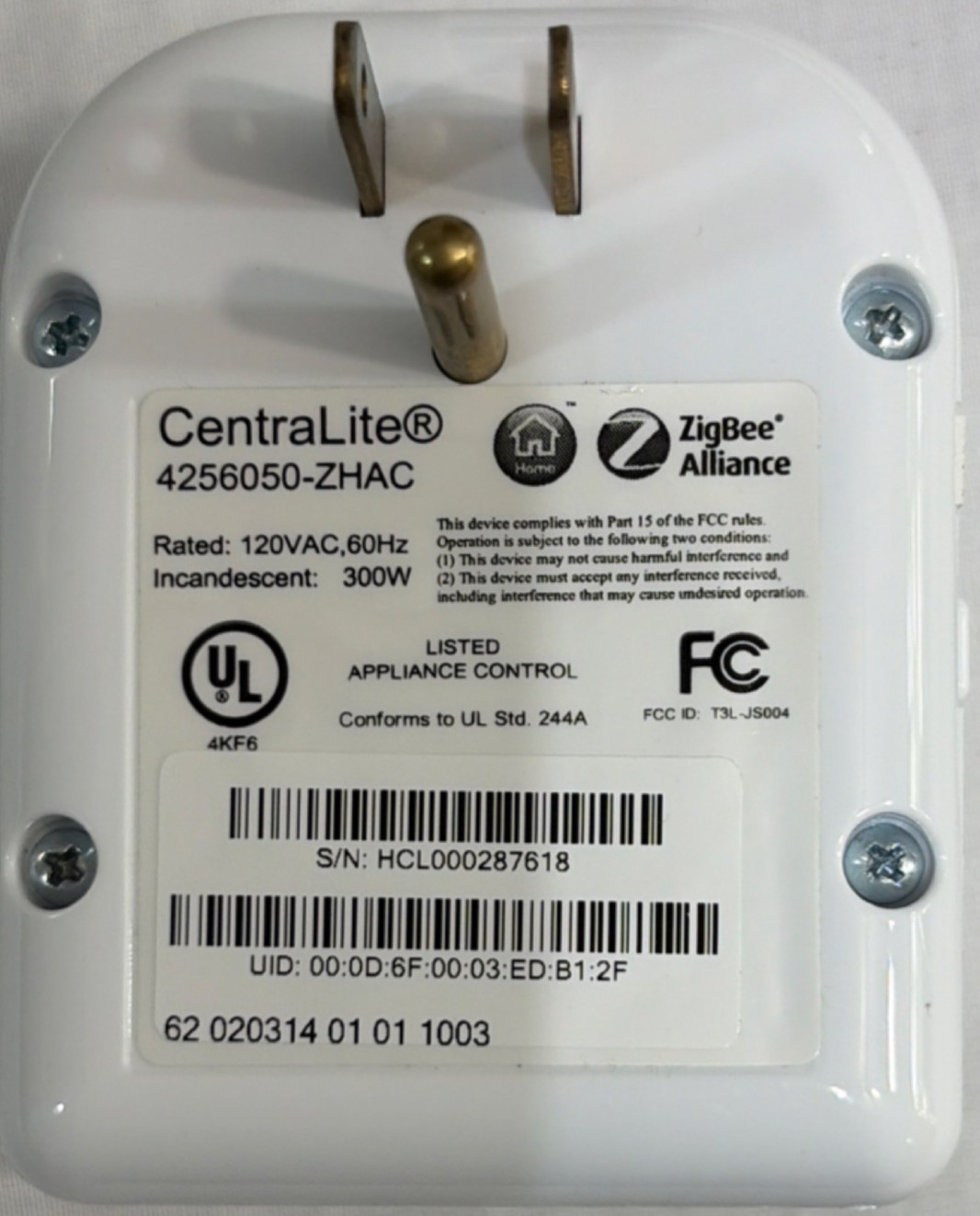 Centralite ZigBee HA Lamp Module Smart Plug Type B 120V White Status LED