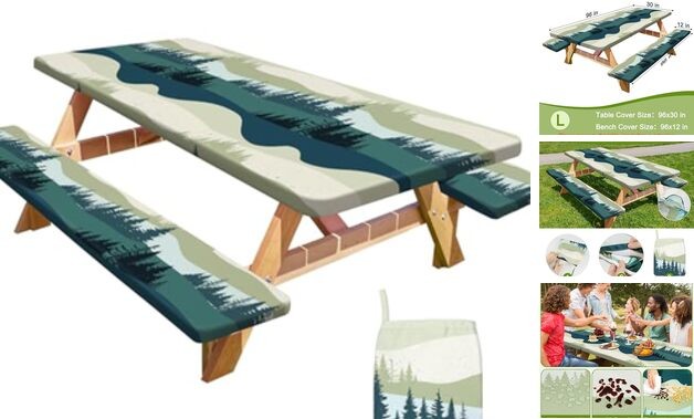 Picnic Table Cover with Bench Covers Portable Table Cloth 96x30in Green Blue