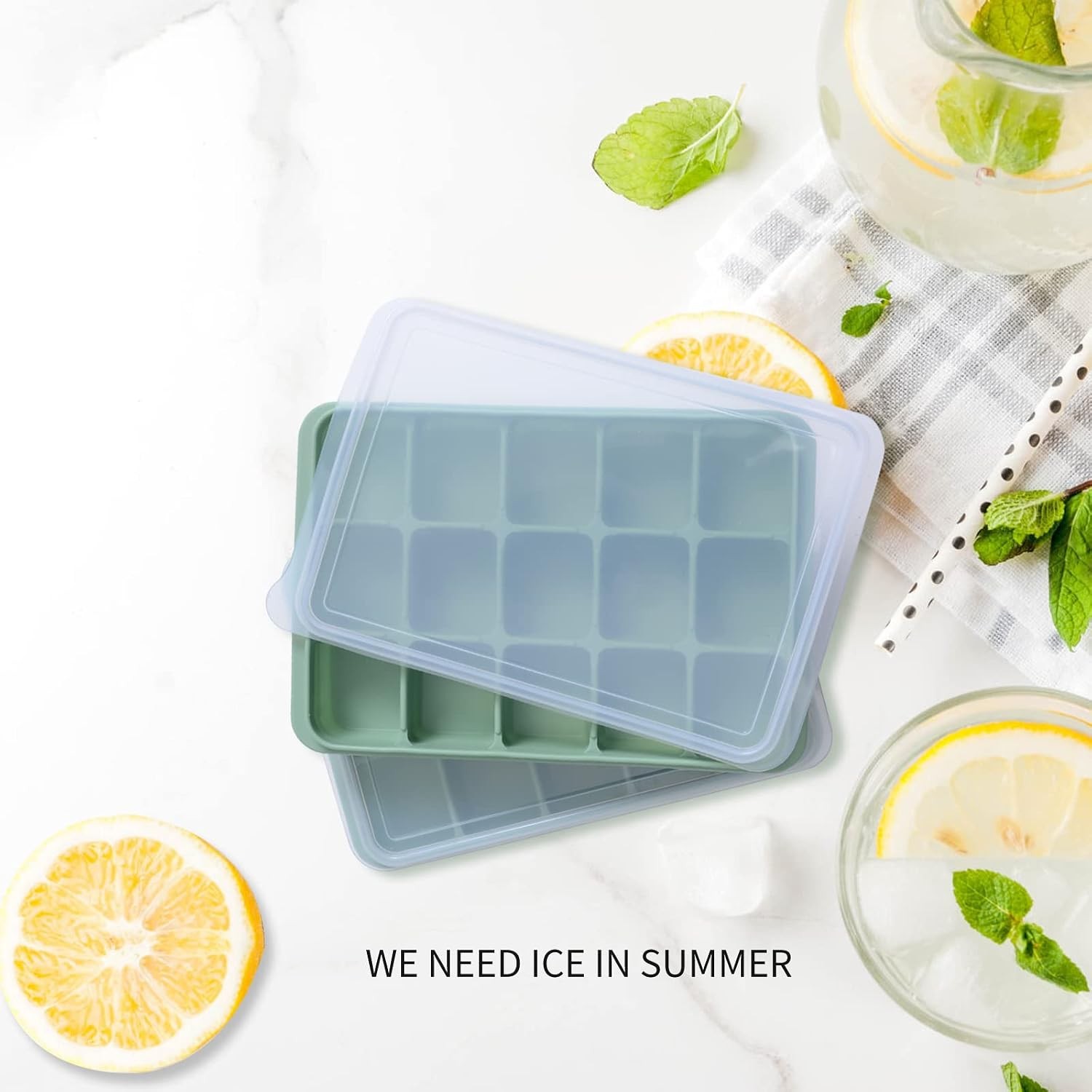 Ice Cube Trays Set of 2, 15-Cube Silicone Molds with Removable Lids | Stackable,