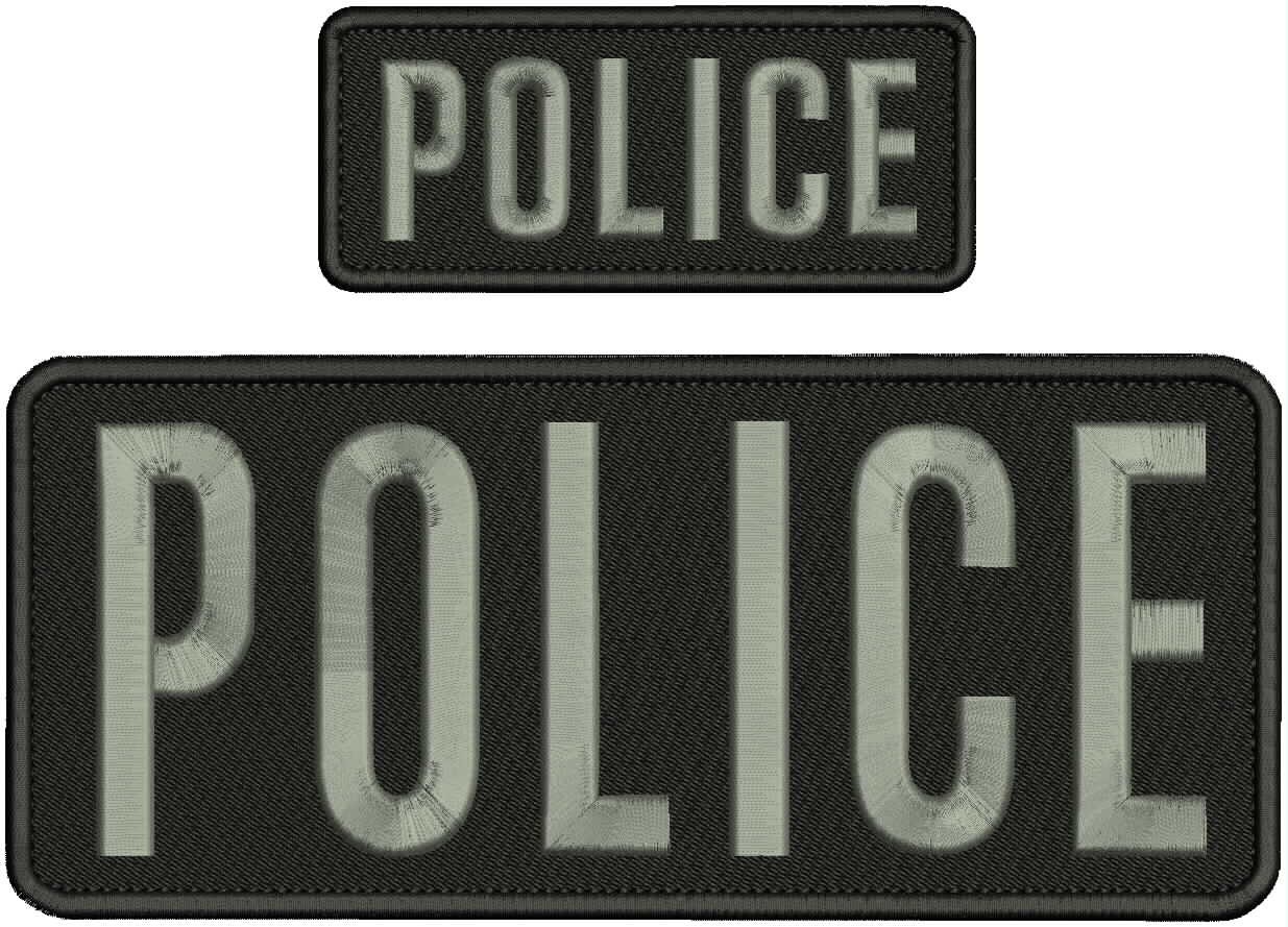 Police 2 Embroidery Patch 4x10 & 2x5 Hook On Back Gray On Black