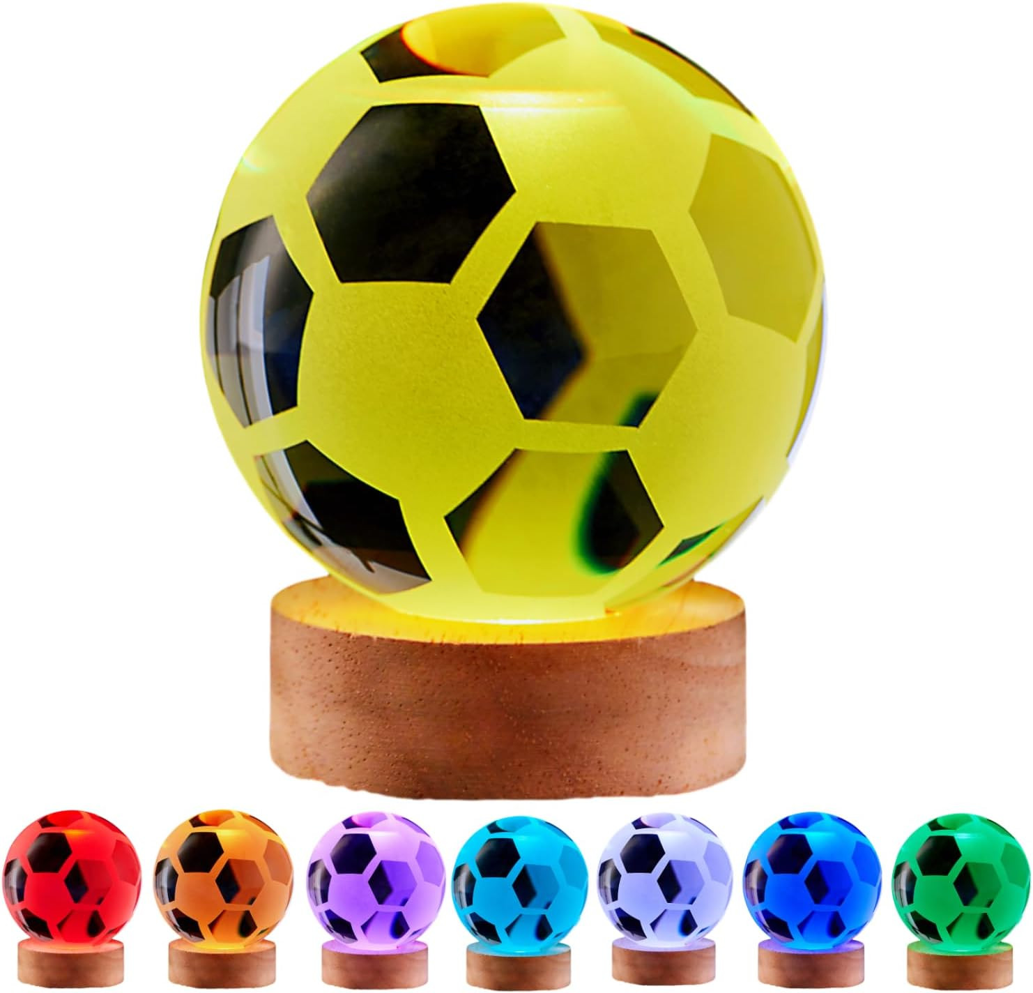 Soccer Crystal Ball Lamp,3.15 Inch 3D K9 Crystal Ball Night Light with Wooden Ba